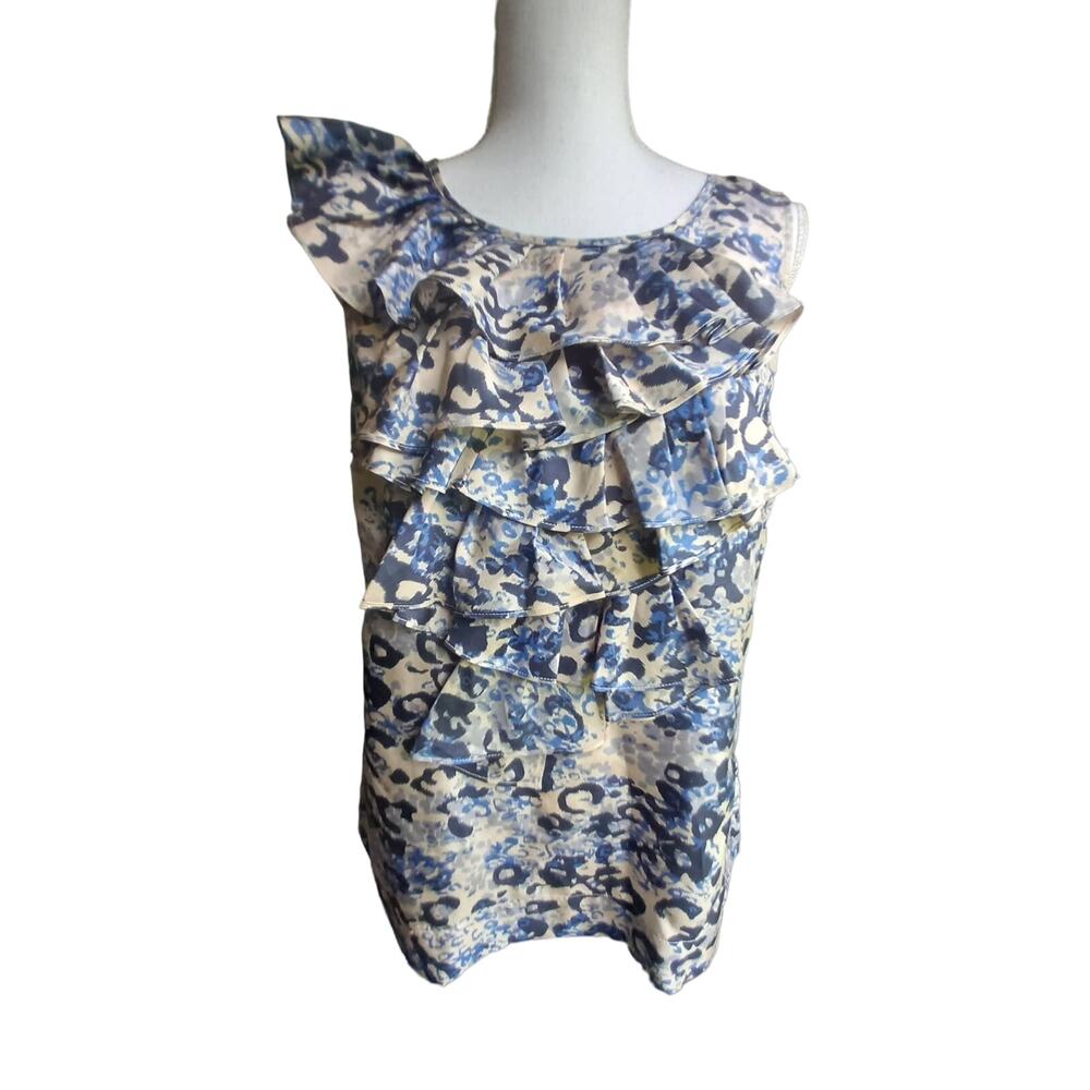 CAbi Silk Blue and Cream Ruffle Blouse